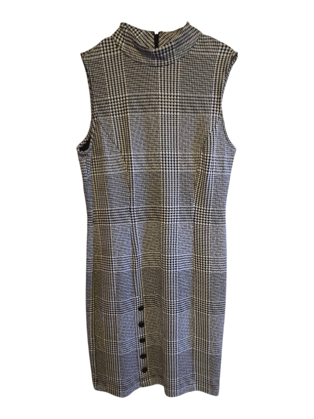 Sharagano Mock Neck Dress Size 10 Black + White Plaid Faux